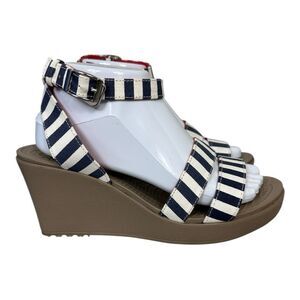 CROCS Navy and White Striped Wedges